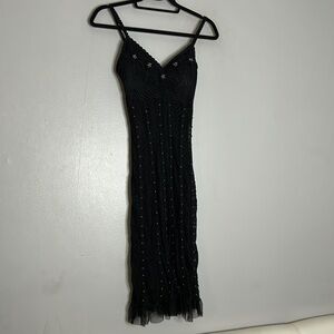 Janine Crochet spaghetti strap studded black fitted dress women’s xs short